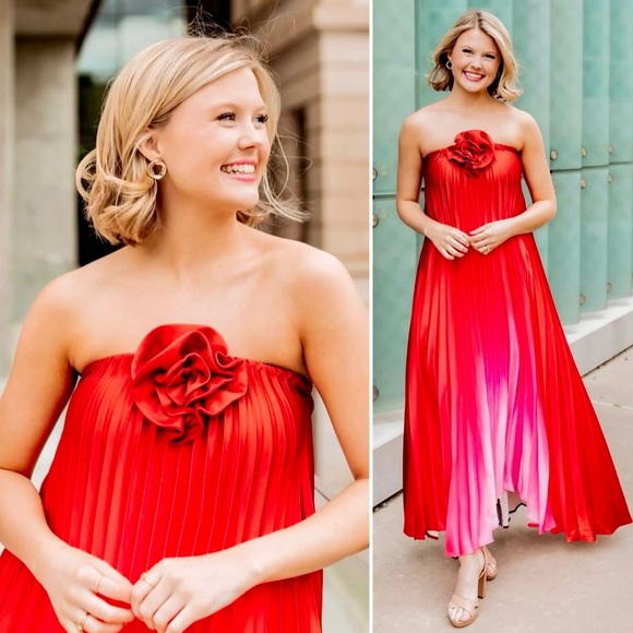 Delfi Collective Kimberly Ombre Pleated Rosette Strapless Dress Red Pink Medium - Picture 16 of 16